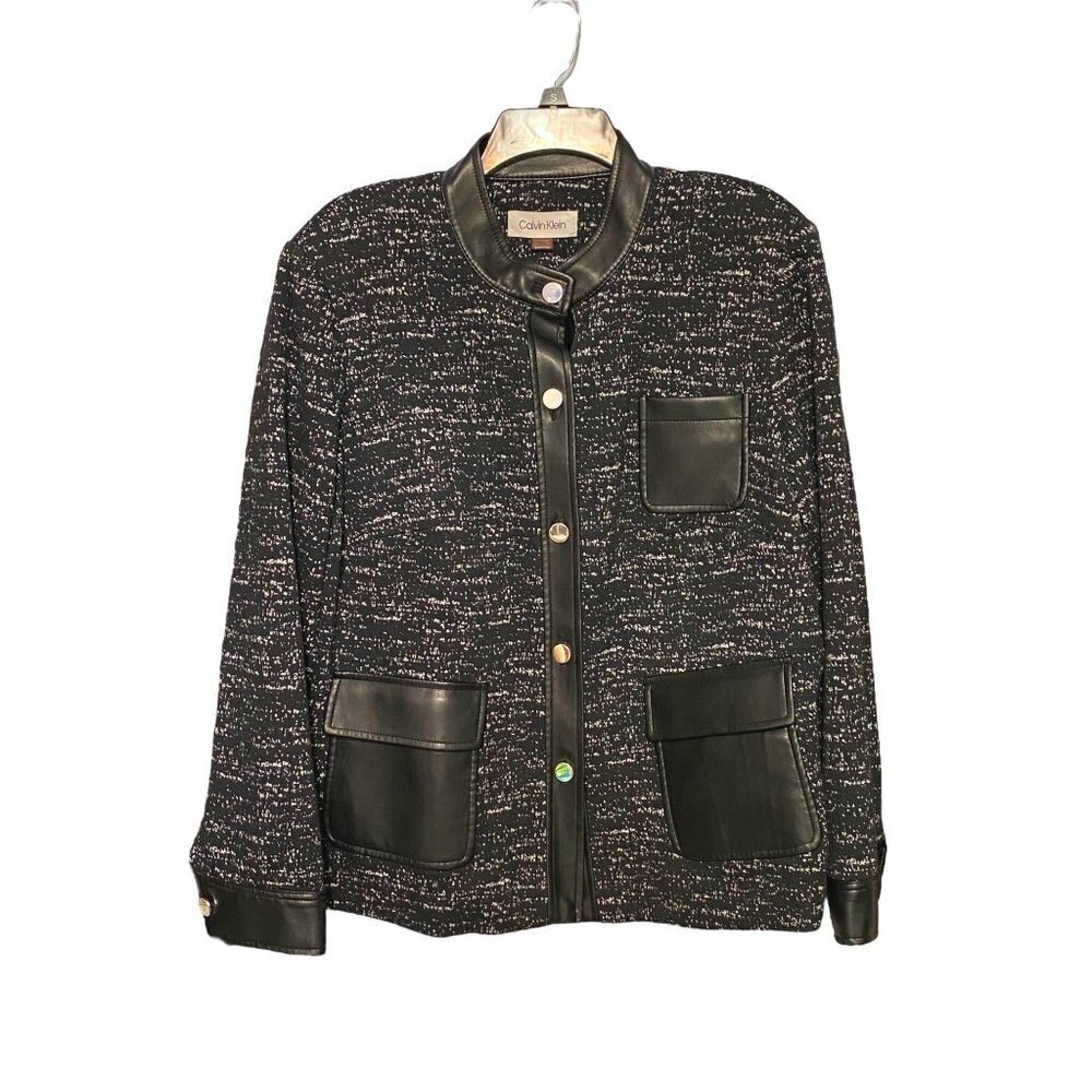 Calvin Klein Tweed‎ & Faux Leather Jacket Black & White Women's Size 16W